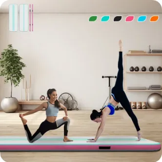 Two women practicing yoga on an inflatable air mat, with one performing a stretching pose and the other in a handstand p