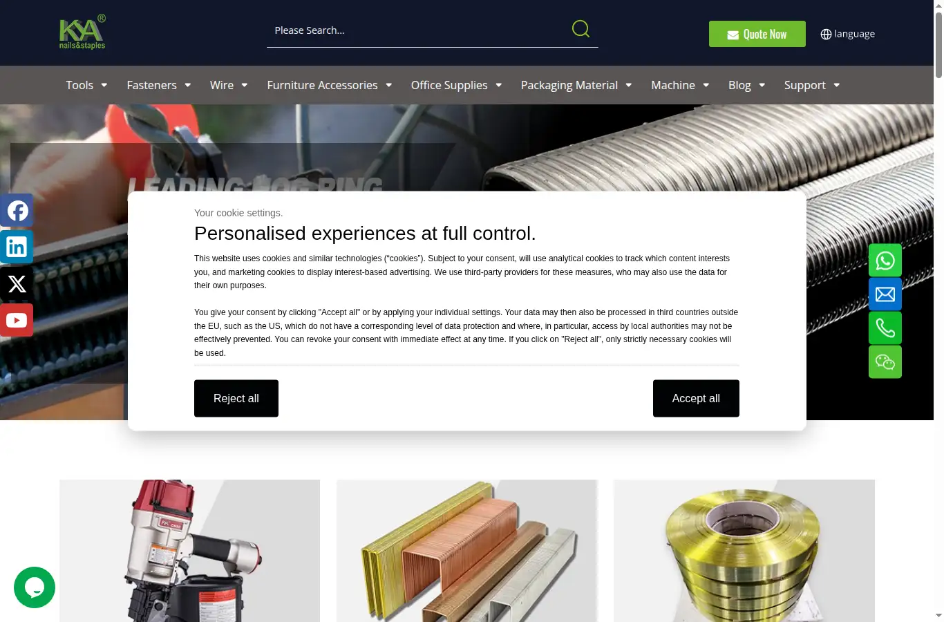 kyafasteners.com homepage screenshot