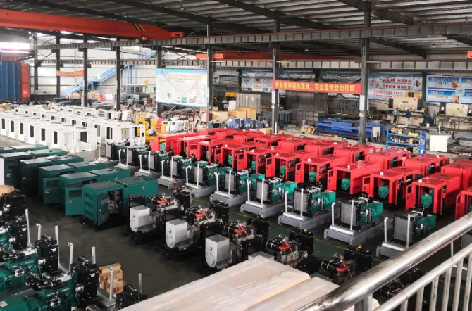 An overhead view of a massive diesel generator manufacturing facility in China, featuring intensive rows of red and gree