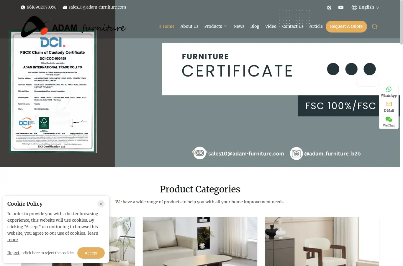 adam-furniture.com homepage screenshot